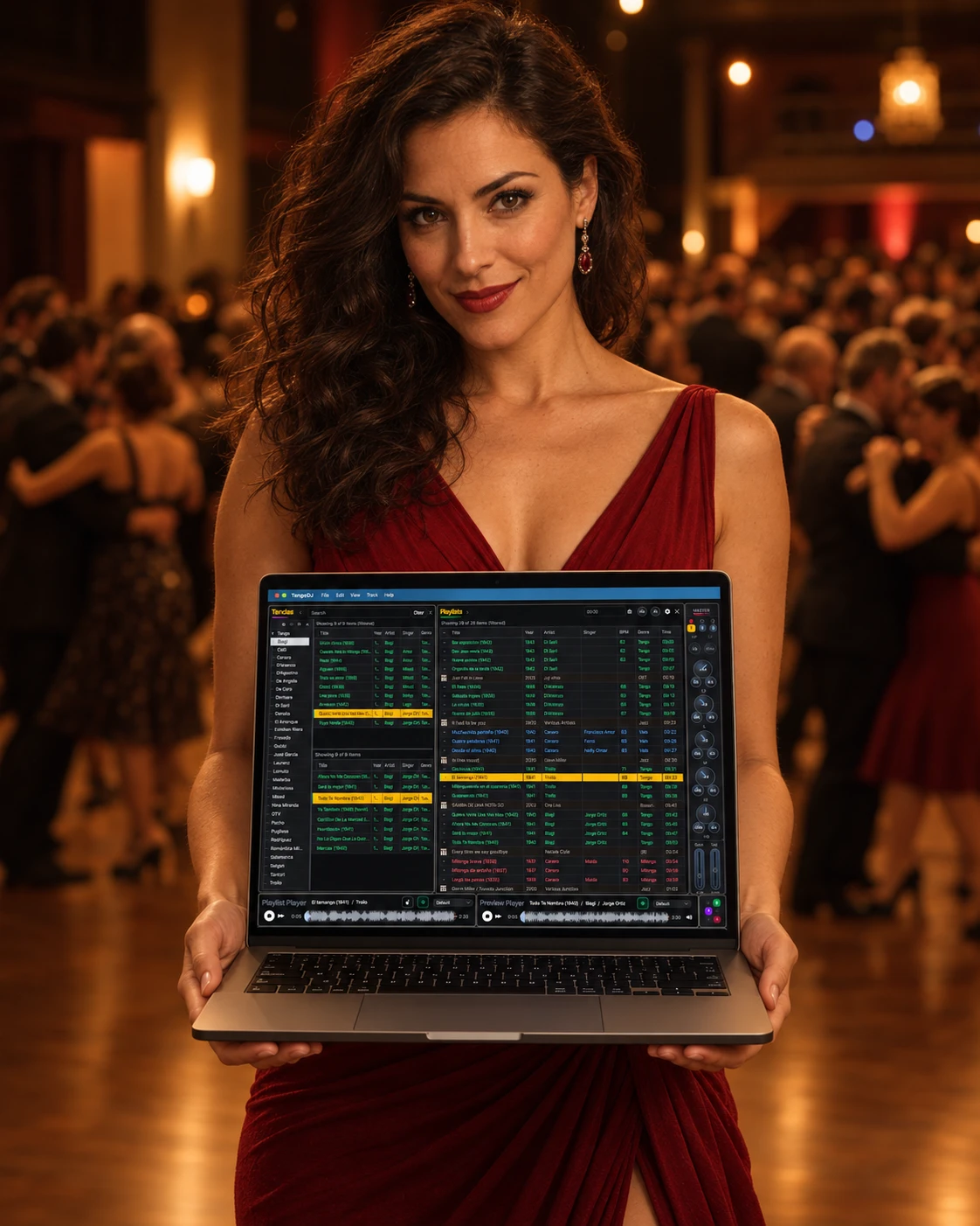 TangoDJ promotion: a woman holding a laptop running TangoDJ, with tango dancers in the background